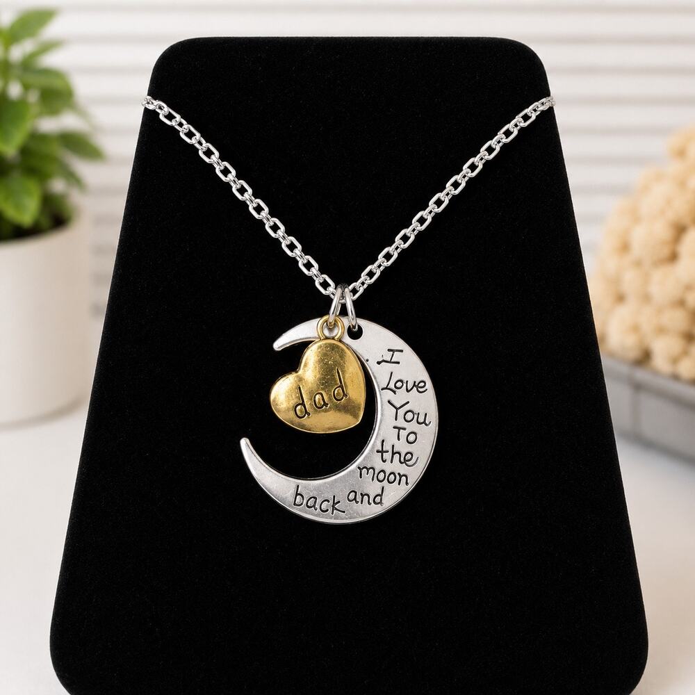 Dad Moon & Back Pendant Necklace Silver & Gold Tone Jewelry Gift
